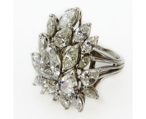 Vintage Approx. 4.0 Carat Pear Shape and Marquis Cut Diamond and Platinum Cluster Ring. Unsigned. Ring size 6. Good vintage c