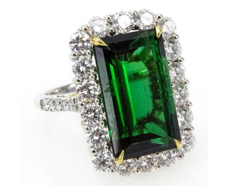 Approx. 11.81 Carat Emerald Cut Tourmaline, 2.48 Carat Round Brilliant Cut Diamond and 18 Karat White Gold Ring. Tourmaline w