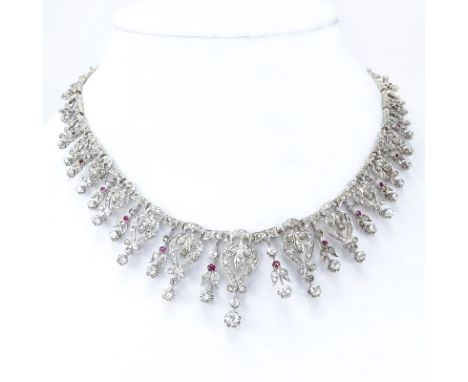 Victorian Approx. 12.50 Carat Diamond, Ruby and 14 Karat White Gold Necklace. Diamonds F-H color, VS1-I1 clarity. Unsigned. G