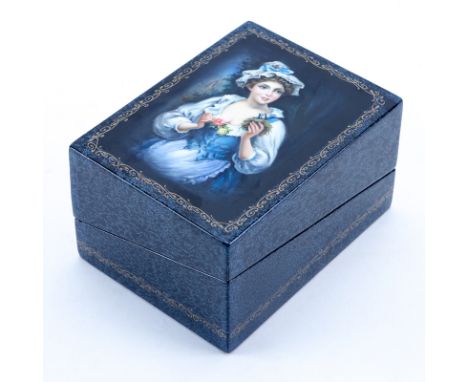Russian Erotic Lacquered Paper Mache Card Box. Signed. Portrait of a young woman to top and erotic scene verso of the lid. In