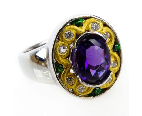 Antique Style Cabochon Amethyst, Diamond, Tsavorite Garnet and 18 Karat yellow and White Gold Ring. Amethyst with vivid satur