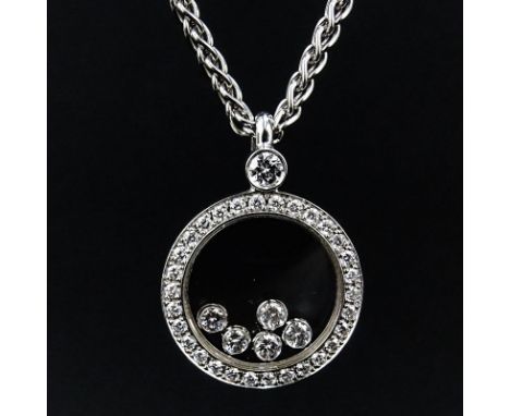 Chopard Diamond and 18 Karat White Gold Happy Diamond Circle Pendant Necklace with Five (5) Floating Diamonds. Diamonds E-F c