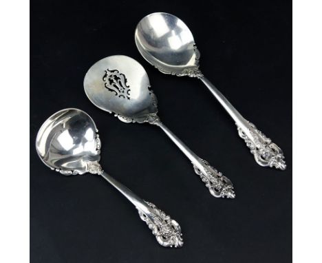 Collection of Three (3) Wallace "Grand Baroque" Sterling Silver Serving Spoons. Includes: tomato server, salad/berry server, 