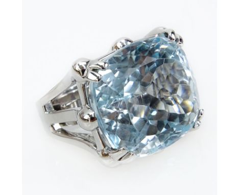 Approx. 56.0 Carat Cushion Cut Gem Quality Aquamarine and 18 Karat White Gold Ring. Unsigned. Very good condition. Ring size 