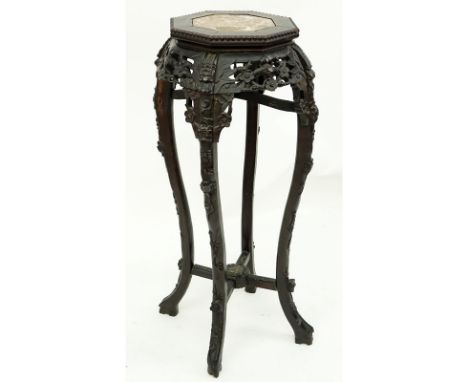 19/20th Century Chinese Carved Marble Top Plant Stand. Pierced floral apron, stands on cabriole legs connected by stretcher s