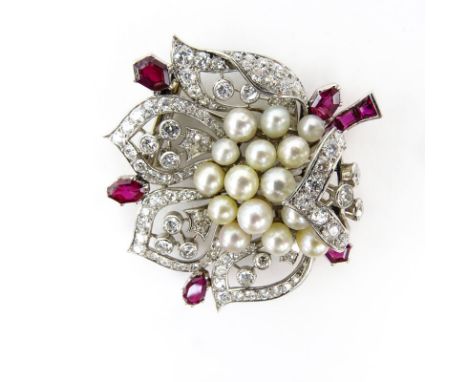 Fine Quality Vintage Diamond, Burma Ruby, Pearl and Platinum Brooch. Quality stones throughout. Unsigned. Very good vintage c