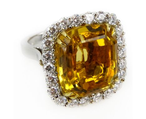 Approx. 23.0 Carat Gem Quality Cushion Cut Citrine, Round Brilliant Cut Diamond and 18 Karat White Gold Ring. Diamonds G-H co