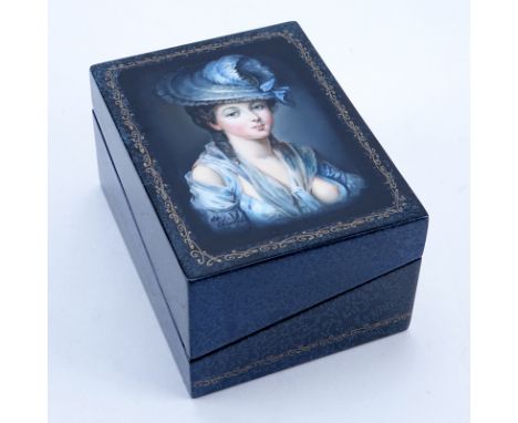 Russian Erotic Lacquered Paper Mache Card Box. Signed. Portrait of a young woman to top and erotic scene verso of the lid. In