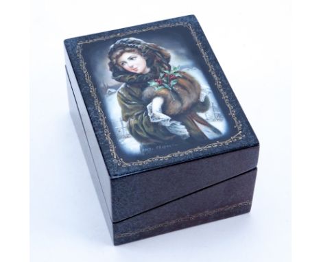 Russian Erotic Lacquered Paper Mache Card Box. Signed. Portrait of a young woman to top and erotic scene verso of the lid. In