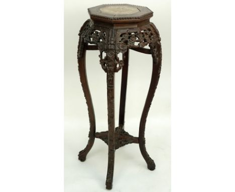 19/20th Century Chinese Carved Marble Top Plant Stand. Pierced floral apron, stands on cabriole legs connected by stretcher s