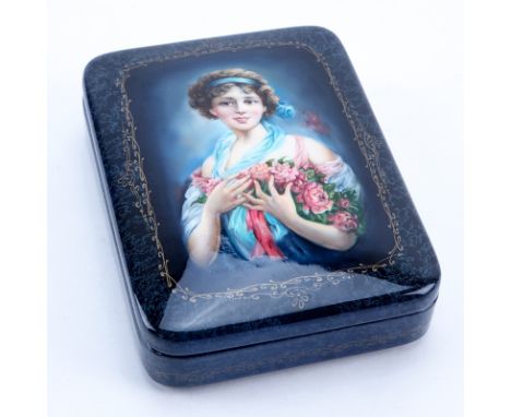 Russian Erotic Lacquered Paper Mache Box. Signed. Portrait of a young woman to top and erotic scene verso of the lid. Good co