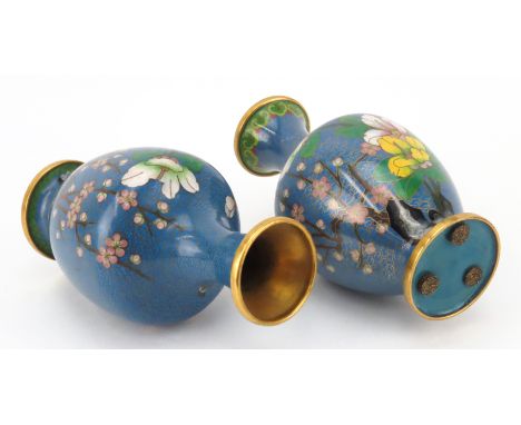 Grouping of Three (3) Chinese Cloisonné Enamel Tableware. Includes: matching pair of vases and charger. Good condition. Vases