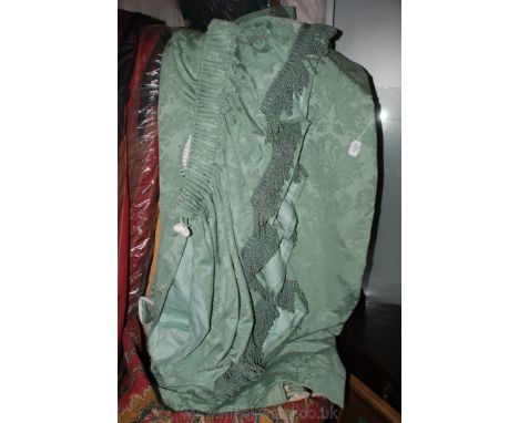 A pair of green, fully lined Curtains and Pelmet, 90'' drop, 90'' wide.