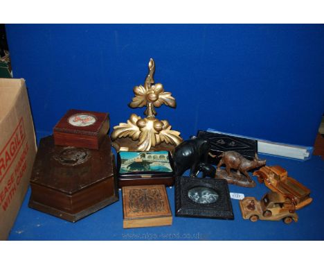 A box of Treen including boxes, gilt shelf, etc.