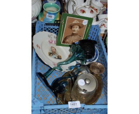Miscellaneous china and glass, brass and plated items including a Baden Powell tile.