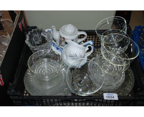A quantity of glass including sundae dishes, studio ashtray, pin dishes, sweet plates etc and a Royal Worcester Copeland sauc