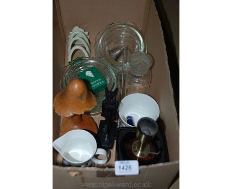 A quantity of miscellanea including dessert dishes, soup spoons, candle snuffer, Masons thimble, glass chemistry jar, Carlton