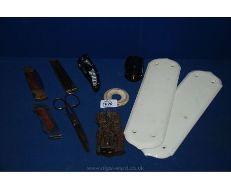 Three Penknives, vintage butterfly Knife, door knocker, etc.