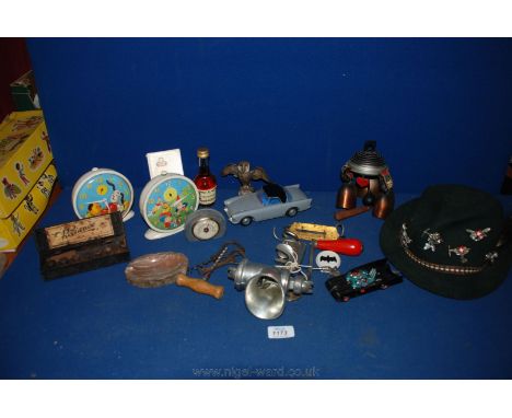 A quantity of miscellanea including a Sooty and Sweep alarm clock,Noddy & Friends alarm clock, die cast model of the Batmobil