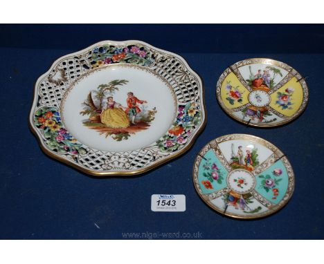 Two Helen Wolfson saucers and a Dresden plate decorated with a romantic scene.