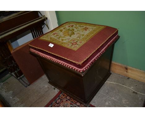 A Victorian stained Pine Box Ottoman having floral tapestry upholstered burgundy velvet seat/lid on lower moulding