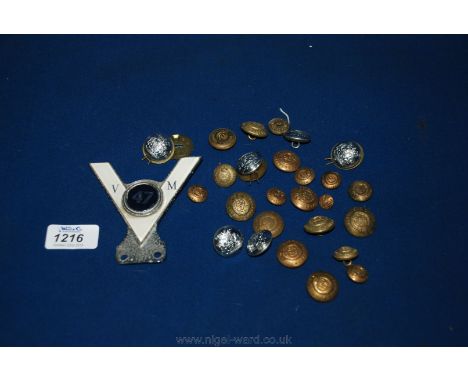 An early Company of Veteran Motorists automobile Radiator Plate in good condition and a bag of military Buttons.