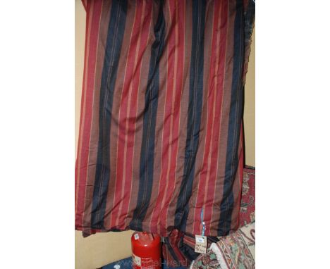 A pair of red and black striped lined Curtains, 90'' drop x 144'' wide.