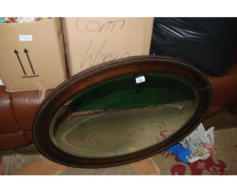 An oval dark wood framed bevel plated Wall Mirror.