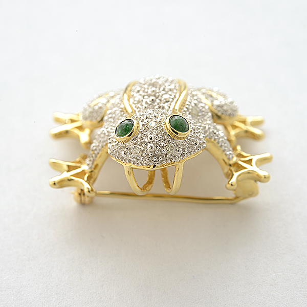 Diamond, Emerald, 14k Gold Toad Pendant Brooch. Designed as a crouching ...