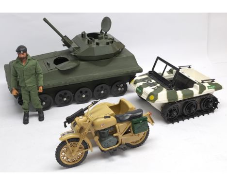 Palitoy Action Man vintage group to include (1) dressed flock hair, gripping hands figure; (2) #34710 Scorpion Tank (tracks a