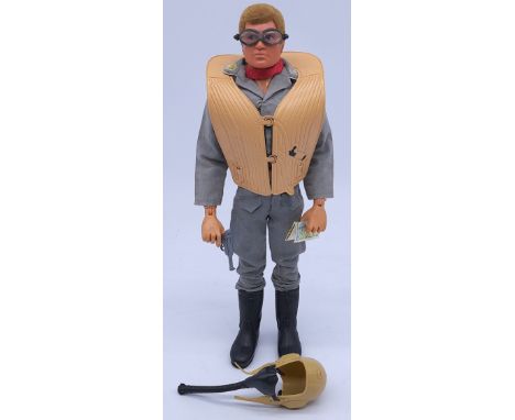 Palitoy Action Man vintage loose Luftwaffe Pilot, blonde flock hair, gripping hands, dynamic body, wearing jacket, trousers, 