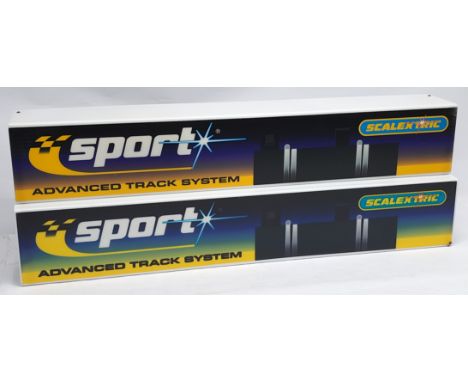 Scalextric retailers illuminated Shop Display Counter or Window Sign pair - "Scalextric Sport Advance Track System" - 94cm x 