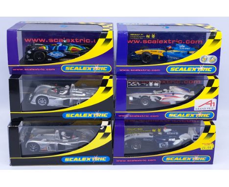 Scalextric, a group of 1:32nd scale Racing Slot Cars to include (1) C2258 Cadillac LMP "GM Racing No. 1" (x 2); (2) C2649 Ren