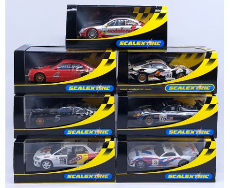 Scalextric, a group of 1:32nd scale Racing Slot Cars to include (1) C2391 Mercedes CLK DTM "Vodafone" No. 1; (2) C2480 Porsch