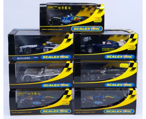 Scalextric, a group of 1:32nd scale Racing Slot Cars to include (1) C2258 Cadillac LMP "GM Racing No. 1"; (2) C2259 Cadillac 