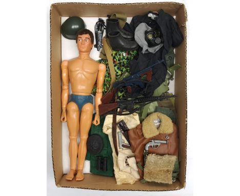 Palitoy Action Man vintage, unboxed group to include undressed flock hair, gripping hands, dynamic body figure plus various a