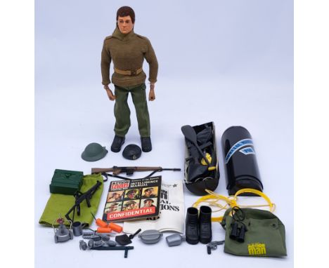 Palitoy Action Man vintage loose dressed flock hair, eagle eyes, figure with re-production gripping hands, also includes vint