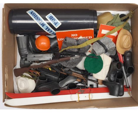 Palitoy Action Man vintage loose accessories to include guns, helmets/hats, boots, plus others - see photo. Conditions are ge