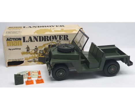 Palitoy Action Man vintage #34713 Land Rover with fold-down windscreen, engine insert, spare wheel and strap, NO gearstick, n