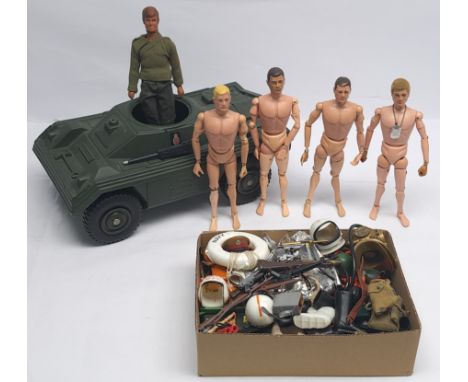 Palitoy Action Man vintage loose/unboxed 5 x dressed figures, #34719 Scout Car, various part outfits, helmets/hats, guns, boo