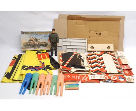 Palitoy Action Man vintage group to include loose flock hair, plastic hands figure, 3 x #34724 Skyhawk Sail sheets, a quantit