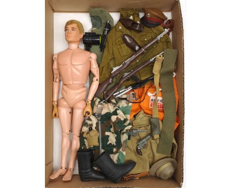 Palitoy Action Man vintage, unboxed group to include undressed flock hair, gripping hands figure plus various accessories inc