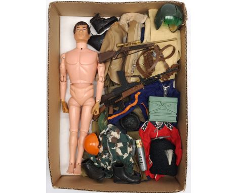 Palitoy Action Man vintage, unboxed group to include undressed flock hair, gripping hands figure plus various accessories inc