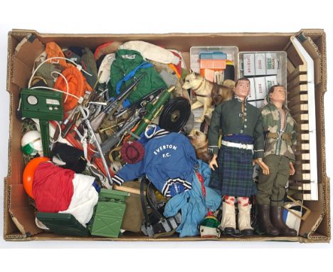 Palitoy Action Man vintage loose/unboxed 2 x painted head, plastic hands dressed figures, various part outfits, helmets/hats,