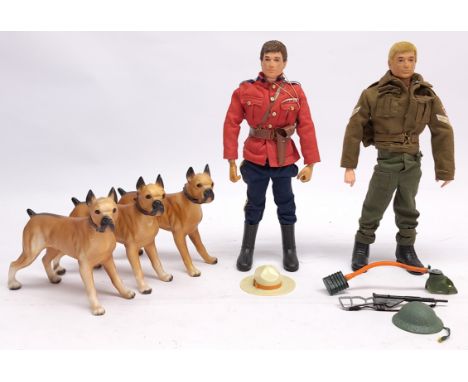 Palitoy Action Man vintage group to include (1) flock hair, plastic hands figure dressed in British Infantry uniform; (2) flo