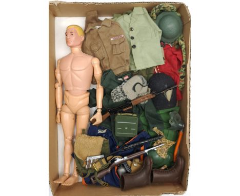 Palitoy Action Man vintage, unboxed group to include undressed painted head, plastic hands figure plus various accessories in