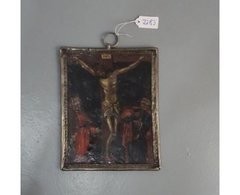DOPPELSEITIGES ANDACHTSBILD, 19. Jh., wohl Öl auf Metall. Malerei auf rechteckiger Platte, eingefasst mit Metallrahmung und Ö
