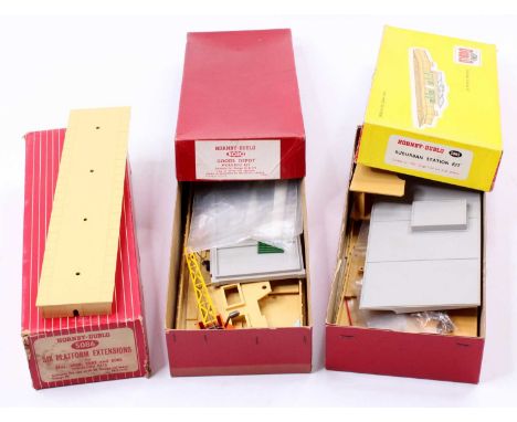 Three Hornby-Dublo items: 5085 Suburban Station, appears complete (E) (BVG); 5020 Goods Depot missing all window frames and d