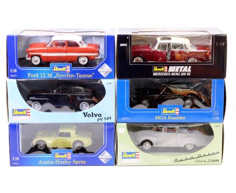 Revell 1/18th scale diecast group of 6 to include No. 08886 Volvo PV 544, No. 08801 Austin Healey, No. 08443 MGA Roadster, an