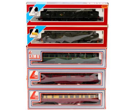 Lima Models OO gauge boxed diesel engines and railcar group of 5, comprising No. 205222 &amp; 205173 Diesel Locomotives, No. 